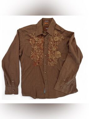ROAR Y2K Brown Floral Embroidered Button Up Shirt XL